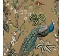 Peacock Woods Gold Wallpaper - Modern Naturistic Floral Flowers Birds - Stylish Trendy Feature Wall