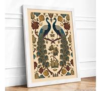 Peacocks and Ornament Vintage Framed Wall Art Print A4 (29.7×21cm) White, Wall Decor for Living Room, Bedroom, Office & Home, Ready to Hang, Art Gift