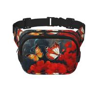 Peacocks feather Fanny Pack for Women Men Fashion Waist Pack Adjustable Belt Bag for Workout Running Travelling Casual Waist Bag, Red Flowers And Butterflies, One Size