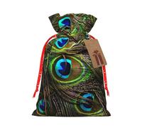 (Peacock's Feather) Print Christmas New Year Candy Gift Bag, Red Xmas Ribbon Drawstring Bags for Kids Xmas Holiday Eve Presents S Size
