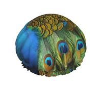 Peacocks Feather Shower Cap for Women Double Layers Thick Hair Caps Reusable Waterproof Bath Caps with Elastic Band Hair Hat Washable Shower Hat for Men Women Spa Salon