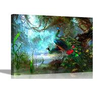 Peacocks in Green Forest Canvas Wall Art Pictures Stretched and Framed Home Office Bedroom Prints Nature Photos 101 x 76cm (40 x 30 inches)