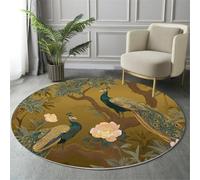 Peacocks On The Branches Round Rug 160 Cm Washable, Beige Non-Slip Circle Rug, Retro Style Decorative Carpet, Soft Low Pile Bedside Carpet Decor, Living Room Bedroom Kitchen Nursery