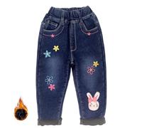 Peacolate 2-6 Years Winter Little Girls Fleece-Lined Thicken Jeans Embroidered Butterfly Bunny Denim Trousers(Flower,6Years)