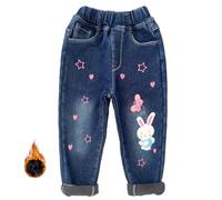 Peacolate 2-6 Years Winter Little Girls Fleece-Lined Thicken Jeans Embroidered Butterfly Bunny Denim Trousers(Bunny,2Years)
