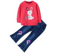 Peacolate 2-7T Toddler Big Girls Pants Set 2pcs Cotton top and Jeans(Red-Bunny,3T)