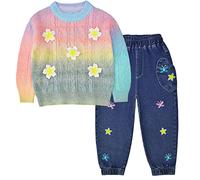 Peacolate 2-7Years Little Girls Spring Autumn 2pcs Clothing Set Long Sleeve Gradient Colour Sweater and Embroider Butterfly Flower Jeans(Pink,3T)
