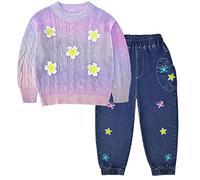 Peacolate 2-7Years Little Girls Spring Autumn 2pcs Clothing Set Long Sleeve Gradient Colour Sweater and Embroider Butterfly Flower Jeans(Purple,6-7Years)