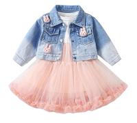 Peacolate 2-7Years Spring Autumn Little Big Girl 2pcs Dresses Clothing Sets Long Sleeve Dress and Denim Jacket(Pink,7years)
