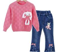 Peacolate 3-8Years Pink Bunny Pullover Sweater with Dolphin Denim Jeans Clothing sets for Little Kids Girls(Pink,5T)