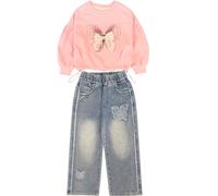 Peacolate 4-10Years Spring Fall 2pcs Clothing Sets Little&Big Girls Pink Pullover Long Sleeve T Shirt and Embroider Butterfly Jeans for Kids(Pink,5-6Years)