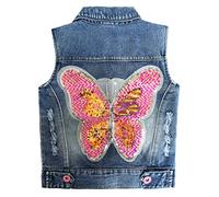 Peacolate 4-9Years Girl Outfit Embroidered Butterfly Sequin Denim Vest(Butterfly,6-7y)