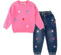 Peacolate Spring Autumn Little Girls 2pcs Clothing Sets Long Sleeve Pink Knit Sweater and Stars Embroidery Jeans(4Years)