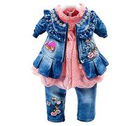 Peacolate Spring Autumn Little Girls Clothing Set 3pcs Long Sleeve T-Shirt Denim Jacket and Jeans(3-4y,orange)