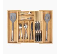 Peak Prime Bamboo Silverware Drawer Organizer for Kitchen - Expandable Utensil Holder & Cutlery Tray with Adjustable Tableware Dividers and Removable Knife Block - Flatware Storage Insert for Drawers