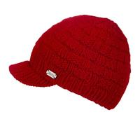 Peaked Beanie Hat Hand Knitted 100% Wool Winter Woolly Cap with Brim (Red)