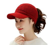 Peaked Cap with Large Peak, Knitted Wool Hats Cap with Visor Stretchy Keep Warm Solid Colour Autumn Winter Women Sports Cap for Outdoor Cap with Strap, red, One Size