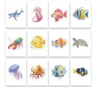 PeakLuv 12 Pcs Small Diamond Art Kits Sea Animals, Fishes Diamond Painting Kits, Mini Diamond Art Kits for Adults, DIY Square Drill Mini Gem Painting 1-Hour Painting for Home Desktop Decor, 6X7in