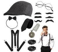 PEAKTOP 14PCS Men's 1920s Accessories, Great Gatsby Costume Men, Cosplay Retro Party Prom (Hat, Bow Tie, Pocket Watch, Glasses, Beard, Y-type Suspender)