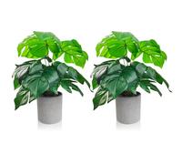 PEAKTOP 2PCS 42CM Tall Fake Plants Palm Plants in Pot, Artificial Plants With Gray Pot, Monstera Faux Plant Tree For Table Office Desk Living Room Bedroom Indoor Decoration