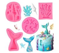 PEAKTOP 4PCS Mermaid Silicone Mould 3D, Marine Themed Fondant Moulds, DIY Sea Animal Silicone Molds, Large Mermaid Tail Mould, Reusable Ocean Seashell Baking Mold for Cake Chocolate Candy