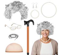 PEAKTOP 7PCS Old Lady Fancy Dress Set, Old Lady Costume, Granny Costume Accessories With Wig Hairnets Glasses Necklace Earrings Bracelet For Halloween Carnival Cosplay Masquerade