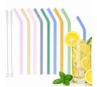 PEAKTOP Glass Straws, 8 Pcs Clear Reusable Straw, Wide Smoothie Straws with 2 Cleaning Brush, Eco Friendly Curved Drinking Straws, Bent Straws for Smoothies Milk Shake Water Juice