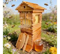 pealiritansemen Beginner Beehive with Self-Flow Honey Comb - No-Smoke No-Opening Honey Harvest, Compact Wooden Beehive Starter Kit for Balcony/Backyard, with 4 Flow Frames & 6 Brood Frames Wax-Dipped