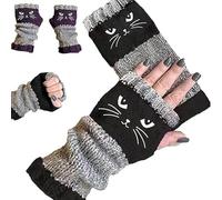 PEAMOO Cat Fingerless Gloves, Cats Glove for Women, Knitted Fingerless Gloves, Vintage Cats Themed Winter Glove, Winter Fingerless Gloves for Running Sking (Black)