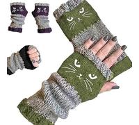 PEAMOO Cat Fingerless Gloves, Cats Glove for Women, Knitted Fingerless Gloves, Vintage Cats Themed Winter Glove, Winter Fingerless Gloves for Running Sking (Green)