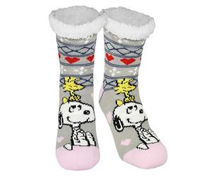 Peanuts Snoopy Cottage Socks - Women's Cosy Fluffy Winter Socks (Grey/Pink, EU Size M, 39-42)