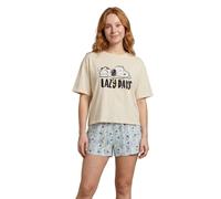 Peanuts Snoopy Women's Cream Short Sleeve Pyjama Set | Blue Lazy Days Shorts with Snoopy and Woodstock Print | Crew Neck Cotton Pull-On Nightwear | Loungewear Gift | Official Merch - X-Small