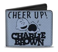 Peanuts Wallet, Bifold, Charlie Brown Poses and Quotes Baby Blue Black, Vegan Leather