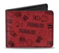 Peanuts Wallet, Bifold, Peanuts Gang Six Character and Title Logo Collage Red Black, Vegan Leather