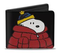 Peanuts Wallet, Bifold, Snoopy and Woodstock Holiday Red Puffer Jacket Pose Black, Vegan Leather