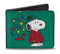 Peanuts Wallet, Bifold, Snoopy and Woodstock Holiday Red Puffer Jacket Pose Green, Vegan Leather