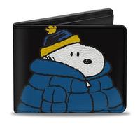 Peanuts Wallet, Bifold, Snoopy Holiday Blue Puffer Jacket Pose Black, Vegan Leather