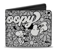 Peanuts Wallet, Bifold, Snoopy Poses and Daisy Flowers Collage Black Grays White, Vegan Leather