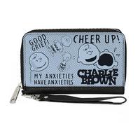 Peanuts Wallet, Zip Around, Charlie Brown Poses and Quotes Baby Blue Black, Vegan Leather