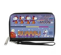 Peanuts Wallet, Zip Around, Snoopy First Beagle on the Moon Poses Blue Multi Color, Vegan Leather