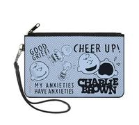 Peanuts Wallet, Zip Clutch, Charlie Brown Poses and Quotes Baby Blue Black, Canvas, Blue, Large