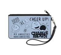 Peanuts Wallet, Zip Clutch, Charlie Brown Poses and Quotes Baby Blue Black, Canvas, Blue, S, Casual