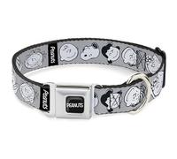 Peanuts Worldwide LLC Pet Collar, Dog Collar Metal Seatbelt Buckle, Peanuts Gang Expressions Gray Black White, 9.5 to 13 Inches 1.0 Inch Wide