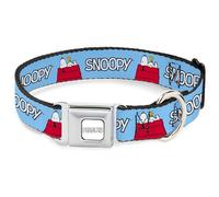 Peanuts Worldwide LLC Pet Collar, Dog Collar Metal Seatbelt Buckle, Peanuts Snoopy and Woodstock Dog House Pose and Text Sky Blue, 13 to 17 Inches 1.5 Inch Wide