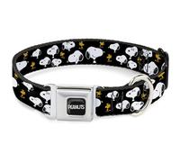 Peanuts Worldwide LLC Pet Collar, Dog Collar Metal Seatbelt Buckle, Peanuts Snoopy and Woodstock Poses Scattered Black, 13 to 17 Inches 1.5 Inch Wide