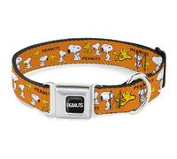 Peanuts Worldwide LLC Pet Collar, Dog Collar Metal Seatbelt Buckle, Peanuts Snoopy and Woodstock Poses Collage Orange, 13 to 17 Inches 1.5 Inch Wide