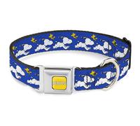 Peanuts Worldwide LLC Pet Collar, Dog Collar Metal Seatbelt Buckle, Peanuts Snoopy Running and Woodstock Pose Blue, 9.5 to 13 Inches 1.0 Inch Wide