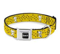 Peanuts Worldwide LLC Pet Collar, Dog Collar Metal Seatbelt Buckle, Peanuts Snoopy Smiling Pose Paw Print Yellow Black White, 11 to 16.5 Inches 1.0 Inch Wide