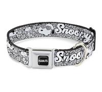 Peanuts Worldwide LLC Pet Collar, Dog Collar Metal Seatbelt Buckle, Snoopy Poses and Daisy Flowers Collage Black Grays White, 15 to 24 Inches 1.0 Inch Wide