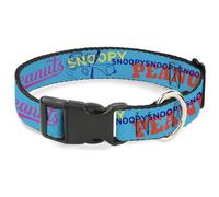 Peanuts Worldwide LLC Pet Collar, Dog Collar Plastic Buckle, Charlie Brown Snoopy and Woodstock Typography Collage Blue, 7 to 8.5 Inches 0.5 Inch Wide